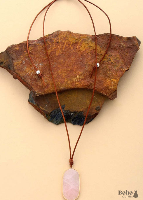 Boho Necklace, Natural Stone Pendant, Pink Rose Quartzs